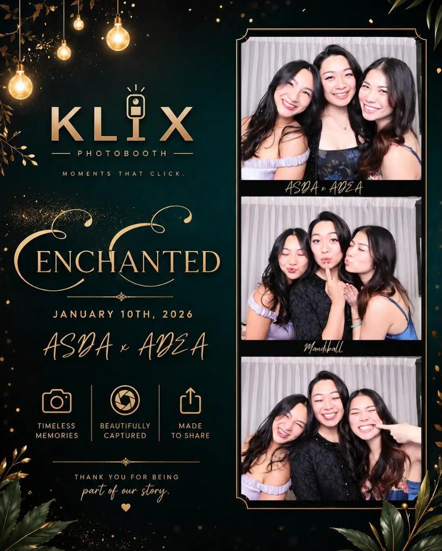 Klix photo booth layout from Enchanted, ASDA x ADEA — a two-frame strip of three guests